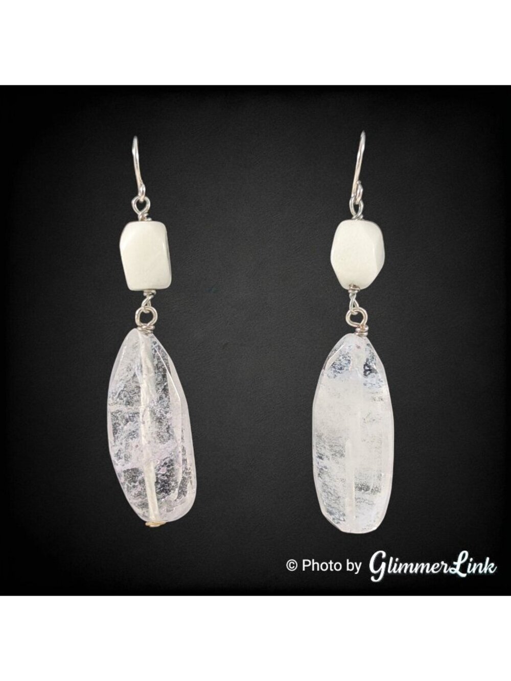 Crackle Quartz Style White Stone Dangle Silver Tone Earrings